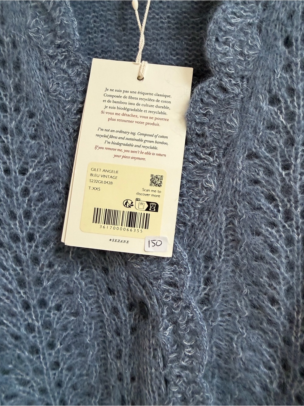 Sezane Dusty Blue Scallop-Edge V-Neck Knit Cardigan - Picture 3 of 3